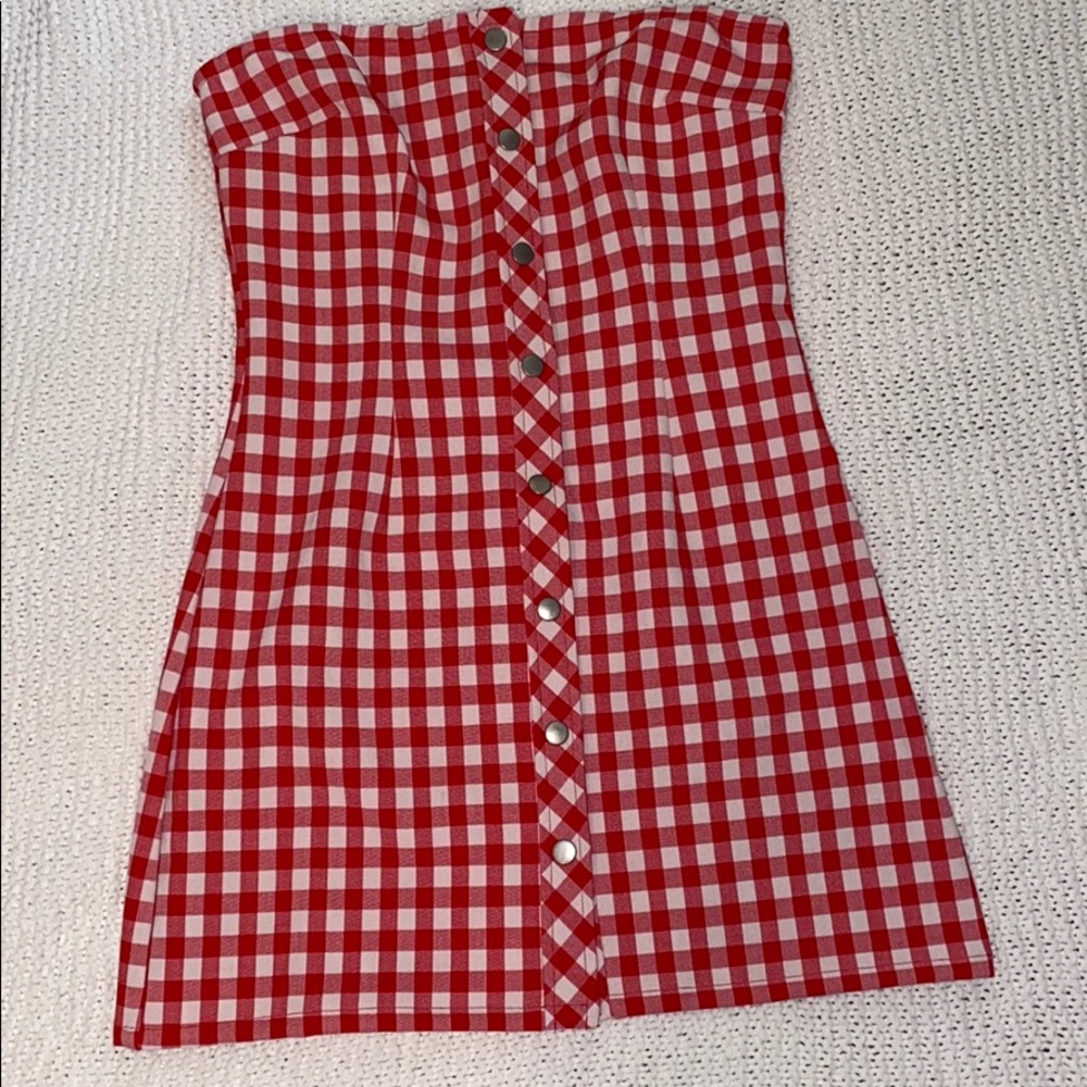 checkered red strapless dress